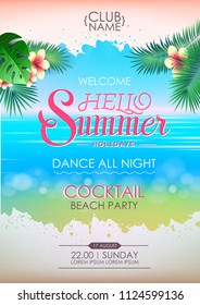 Summer disco poster cocktail beach party. Lettering poster hello summer holidays