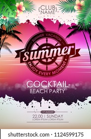 Summer disco poster cocktail beach party. Lettering poster summer vacation, enjoy enery moment