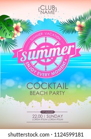 Summer disco poster cocktail beach party. Lettering poster summer vacation, enjoy enery moment