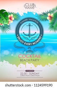 Summer disco poster cocktail beach party. Lettering poster enjoy every moment