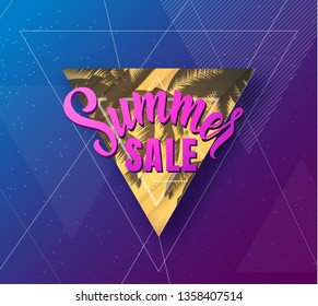 Summer disco poster with palm trees on beachside in trendy neon colors. Vector background.