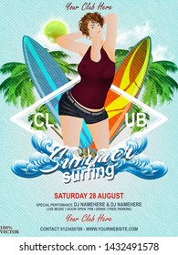 Summer disco poster with palm trees, surf boards and sexy woman on grunge beachside in trendy colors. With this poster design you will grab everyone’s attention