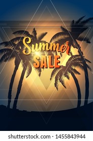 Summer disco poster with palm trees on beachside in trendy neon colors. Vector background.