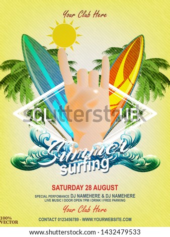 Summer disco poster with palm trees, surf boards and hand on grunge beachside in trendy colors. With this poster design you will grab everyone’s attention