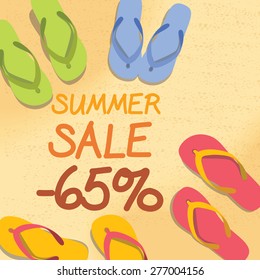 Summer discount of 20 percent on the sand with starfish and colorful summer slippers