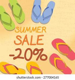 Summer discount of 20 percent on the sand with starfish and colorful summer slippers