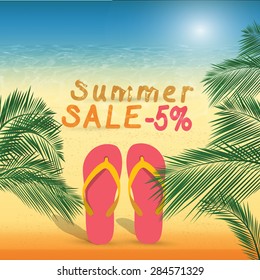 Summer discount of 5 percent on the sand with summer slippers .
Vector 10