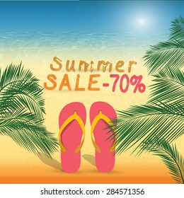 Summer discount of 70 percent on the sand with summer slippers .
Vector 10