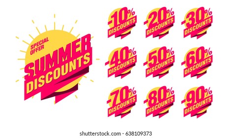 Summer discount banner with percentage set -10%; -20%; -30%; -40%; -50%; -60%; -70%; -80%; -90% on the sun