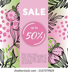 Summer discount banner with tropical leaves and flowers. Great design for summer sale ads, business for summer accessory stores. Corporate style for beach stores.