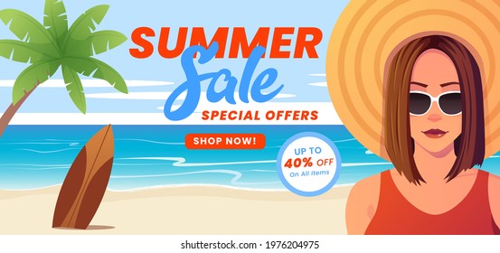 Summer Discount Banner With a woman on the beach wearing hat and sun Glasses, Oceanview, coconut tree, and surfboard. Premium Vector.