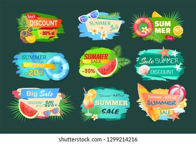 Summer discount banners set with summertime vector. Pineapple and cocktail, surfing board and saving ring and flowers in bloom. Promotion and offers Summer discount banners set with summertime vector. Pineapple and cocktail, surfing board and saving ring and flowers in bloom. Promotion and offers