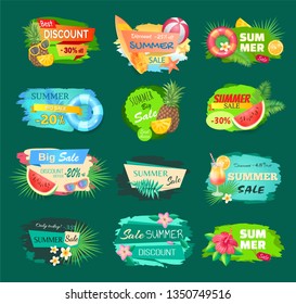 Summer discount banners set with summertime vector. Pineapple and cocktail, surfing board and saving ring and flowers in bloom. Promotion and offers