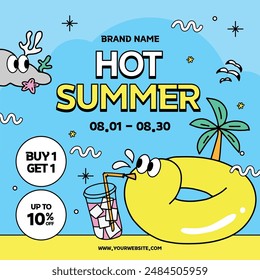 A summer discount event template featuring a cute duck tube illustration in sky blue and yellow