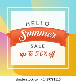 Summer discount flat vector banner template. Summertime sale offer in square frame on red ribbon. 50 percent lower price advertising, seasonal clearance promotion, retail deal poster layout
