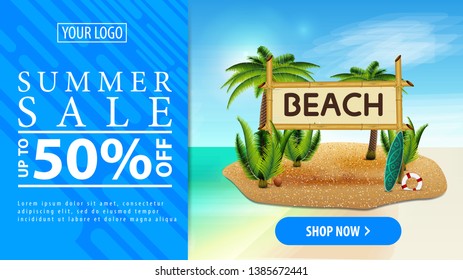 Summer discount, horizontal discount banner with a button for your website with coconut palms and bamboo sign with the inscription "beach"