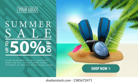 Summer discount, horizontal discount banner with a button for your website with diving mask, fins and palm leaves