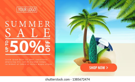 Summer discount, horizontal discount banner with a button for your website with palm, coconuts, beach umbrella and surf Board