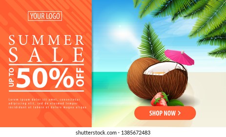 Summer discount, horizontal discount banner with a button for your website with strawberry cocktail in coconut