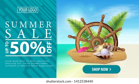 Summer discount, horizontal discount banner with a button for your website with steering wheel of the ship in the sand, palm leaves and pearl