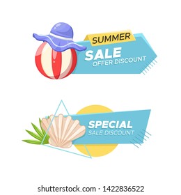 Summer discount label with balloon, hat, shell and leaf