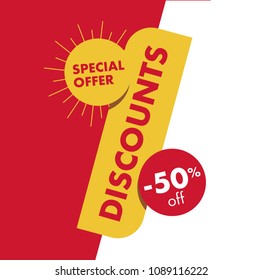 Summer discount label in a shape of discount with sun, isolated sticker up to fifty off red and white