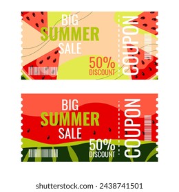 Summer discount layout template special sale offer. Decorated with watermelon slices. Bright trendy colors for flyer banner seasonal sale. Vector illustration