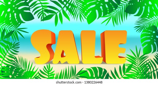 Summer discount on the background of the beach in palm leaves