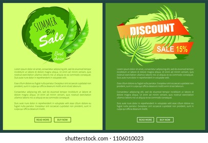 Summer discount posters set big sale emblems palm leaves. Total price reduction banners with floral decor. Seasonal stickers vector online web pages