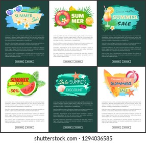 Summer discount and sale banner vector set. Watermelon cocktail with orange slice. Surfing board and ball for playing beach games, seashell and star