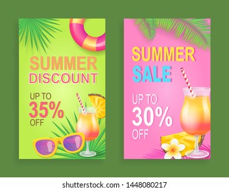 Summer discount sale set vector. Proposition and clearance, seasonal price reduction. Lifebuoy and sunglasses,, , cocktail with straw, tropical flower