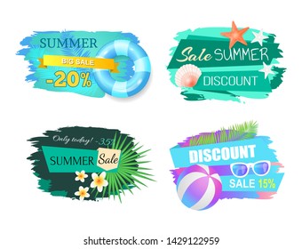 Summer discount and sales set vector. Lifeline and ball for playing beach games. Flowers and palm trees as decoration, sea star and seashell on water
