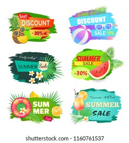 Summer discount summertime set. Lifebuoy and saving ring, watermelon and pineapple with glasses. Reduction of prices, special offers vector