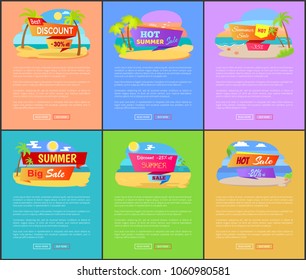 Summer discount for trips abroad web pages. Sale for journeys to tropical countries Internet banners. Big discount commercial vector illustrations.