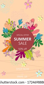Summer discount vertical banner. Used for background, wallpaper, flyer, blog, post, social media ad, sale banner, screensaver, social media stories, event invitation. Vector illustration.