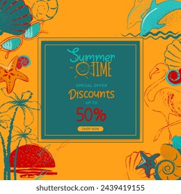 Summer discounts. The design of a poster with shells, dolphins, palm trees and other elements of beach holidays.