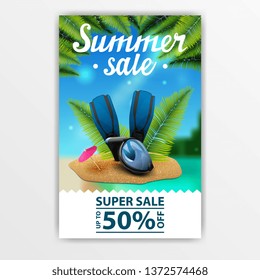 Summer discounts, discount banner with beautiful lettering, seascape, diving mask, fins and palm leaves