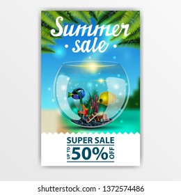 Summer discounts, discount banner with beautiful lettering, seascape and round aquarium with fish