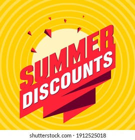 Summer discounts label tag with volume letters and ribbon with shards and sun, retro style graphic poster