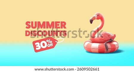 Summer discounts, products, and services. 3D flamingo resting on an inflatable pool float on water, sea, ocean, pool. Funny creative scene for summer vacation advertising. Vector illustration.