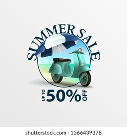 Summer discounts, round discount banner with a scooter on the background of the sea