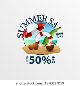 Summer discounts, round discount banner with coconut cocktail, beach umbrella and lifeline