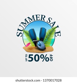 Summer discounts, round discount banner with diving mask, fins and palm leaves