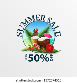 Summer discounts, round discount banner with coconut cocktail, strawberry, raspberry, cherry and ice cream on palm leaf