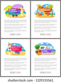 Summer discounts for special clients vector, web pages with info. Palm trees, coast and water of sea, cocktail and lemonade in glass, pineapple set