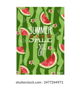 summer discounts watermelon slices on a green background, summer sale