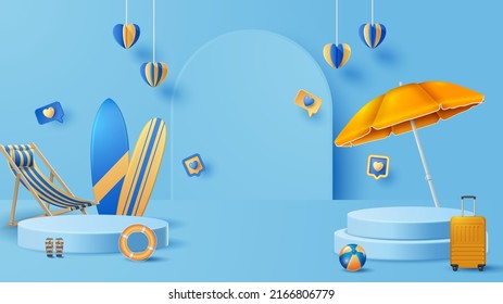 Summer display podium decoration background with beach ornament. Vector 3D Illustration