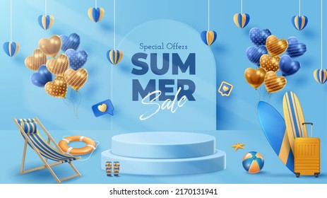 Summer display podium decoration background with beach ornament. Vector 3D Illustration