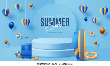 Escaparate de verano de fondo de decoración de podio con adorno de playa. Ilustración vectorial 3D