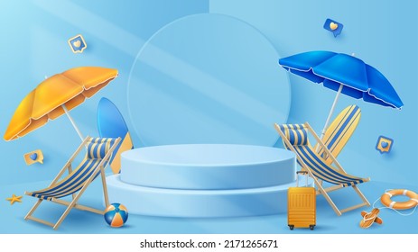 Summer display podium decoration background with beach ornament. Vector 3D Illustration